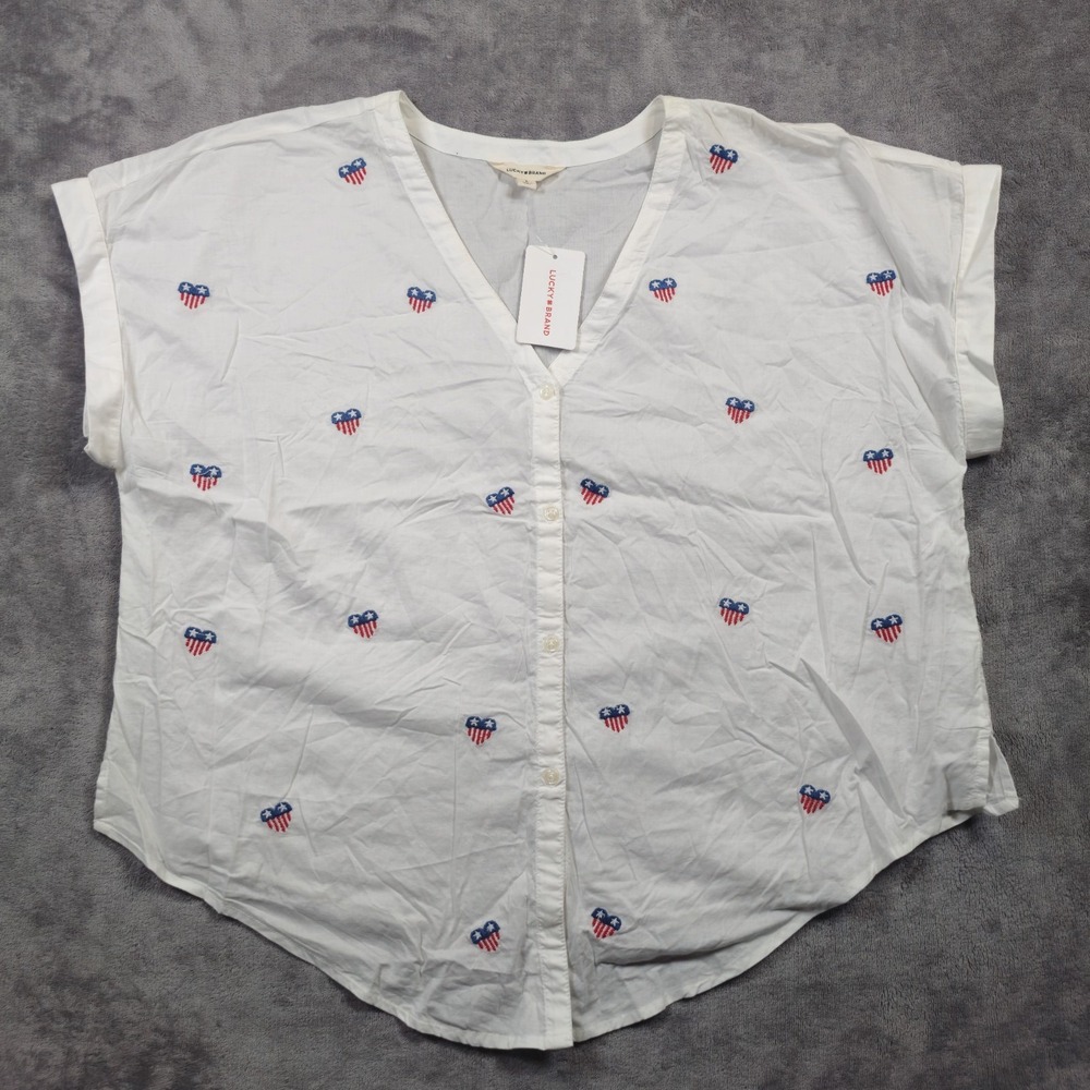 NWT Women's Large | Lucky Brand | Red White Blue Patriotic Flag Hearts Blouse